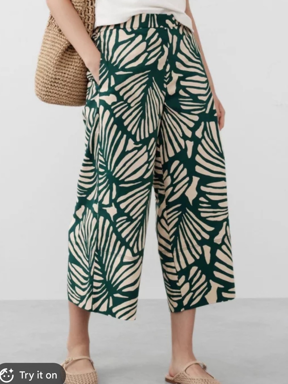 Banana Republic Wide Leg Cropped Pants Linen Blend Green Print